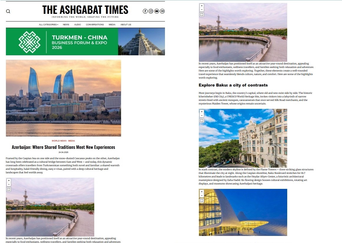 An article highlighting Azerbaijan’s tourism potential has been published on Turkmenistan’s leading information portal. Xeber basligi